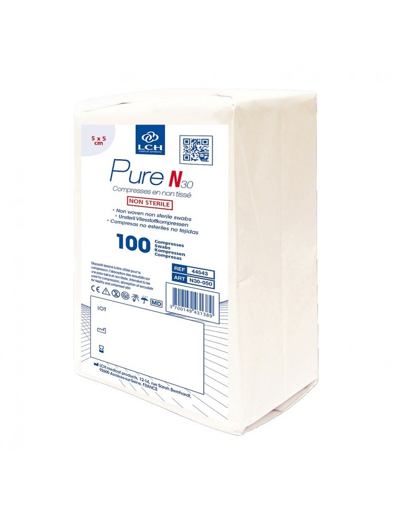 Compresses non tissées non stériles LCH PURE N30 5x5cm 30G - 4plis (sachet de 100)